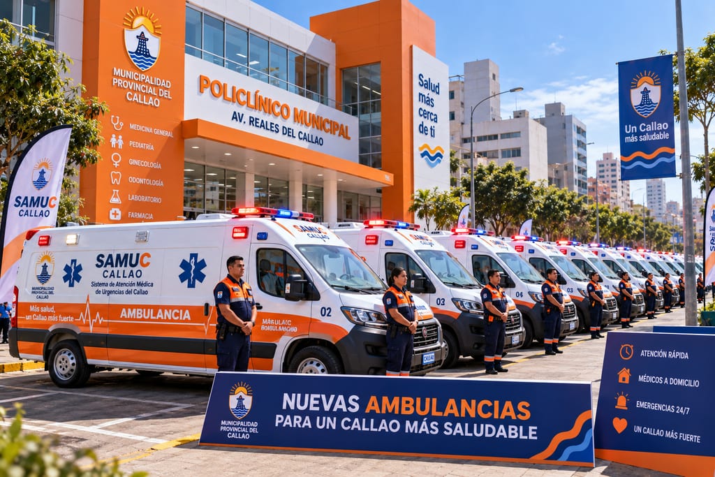 Visualización de una flota de ambulancias municipales del Callao formada frente a un policlínico.