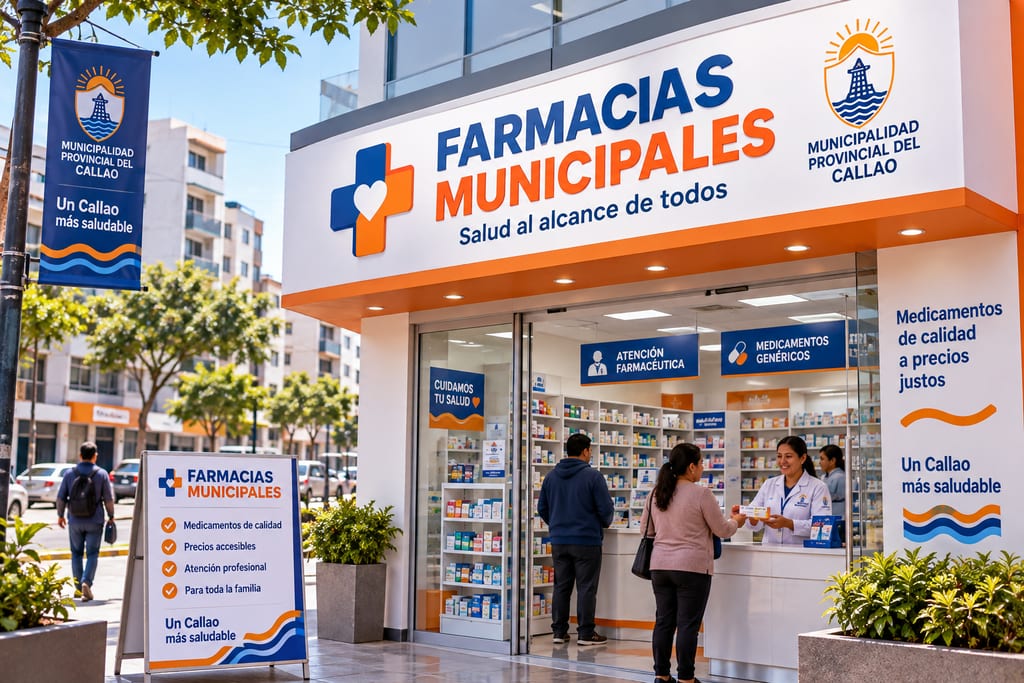 Visualización de una farmacia municipal del Callao con vecinos siendo atendidos en el mostrador.