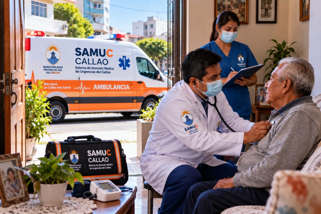 Visualización de un médico atendiendo a un adulto mayor en su vivienda, con una ambulancia municipal afuera.