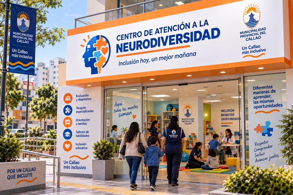 Visualización de un centro municipal de atención a la neurodiversidad con familias ingresando al local.