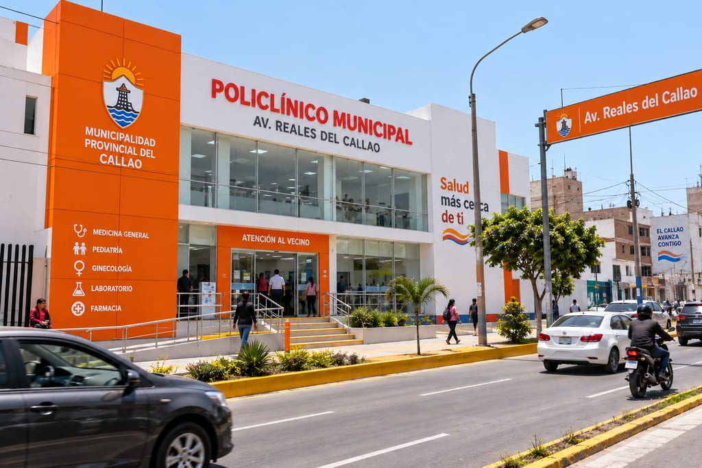 Visualización de un policlínico municipal del Callao con fachada naranja y blanca sobre una avenida.