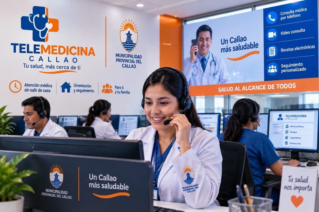 Visualización de una central de telemedicina municipal del Callao con personal de salud atendiendo llamadas.