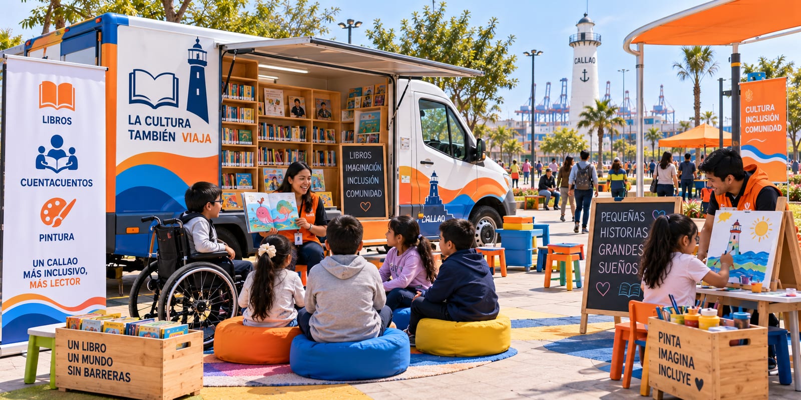 Visualización de una biblioteca itinerante del Callao con niñas y niños en una sesión de cuentacuentos.