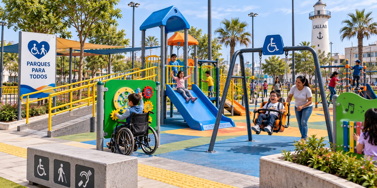 Visualización de un parque del Callao con juegos inclusivos y niñas y niños jugando juntos.