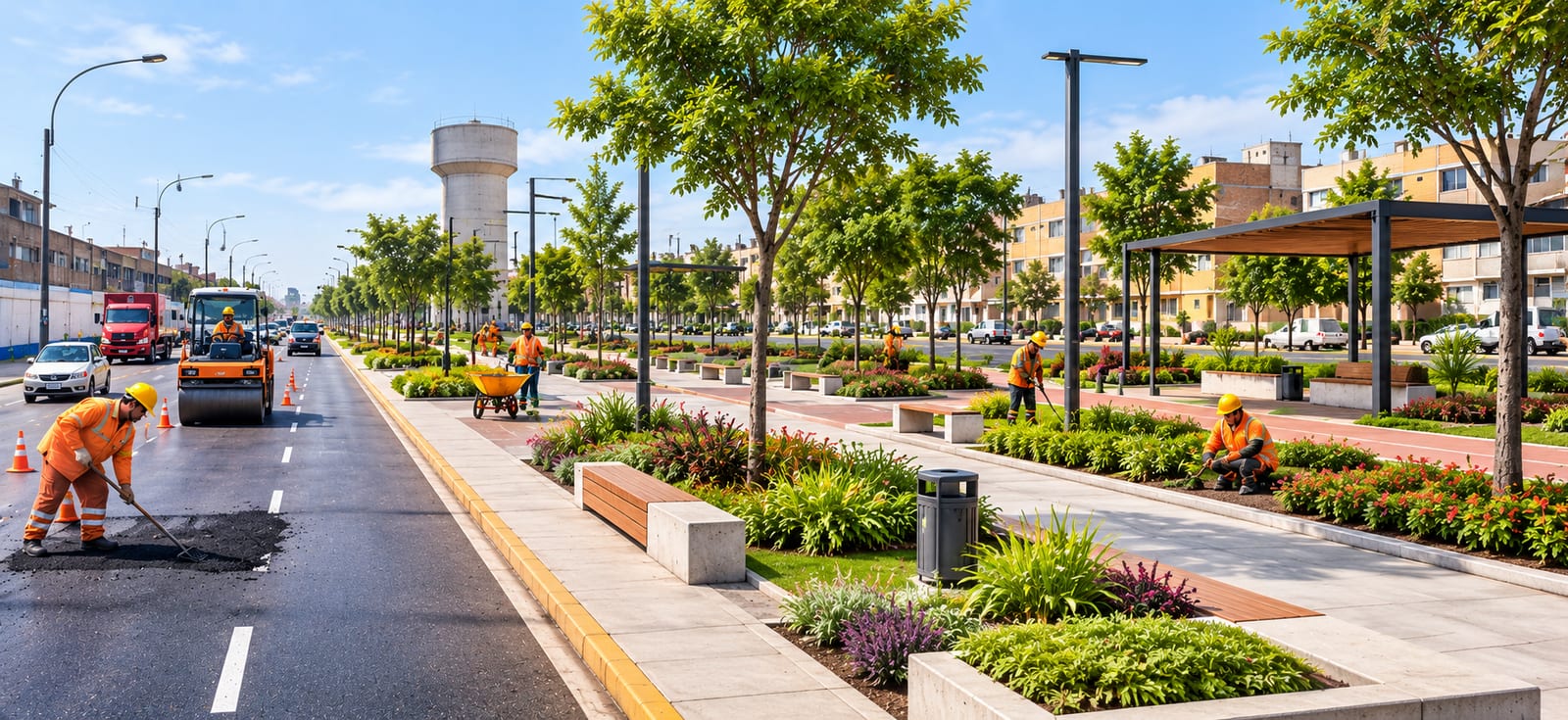 Visualización panorámica del boulevard propuesto en la Av. Bertello, con áreas verdes, arborización y mobiliario urbano.