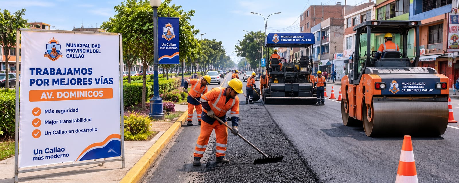 Visualización de trabajos de repavimentación en la Av. Dominicos con maquinaria y personal municipal.