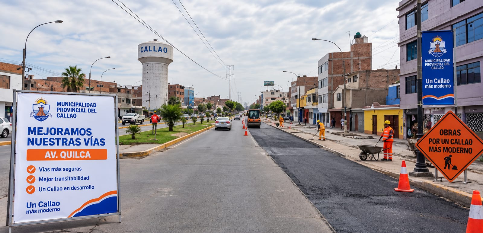 Visualización de obras de mejoramiento en la Av. Quilca con señalización municipal y torre de agua al fondo.