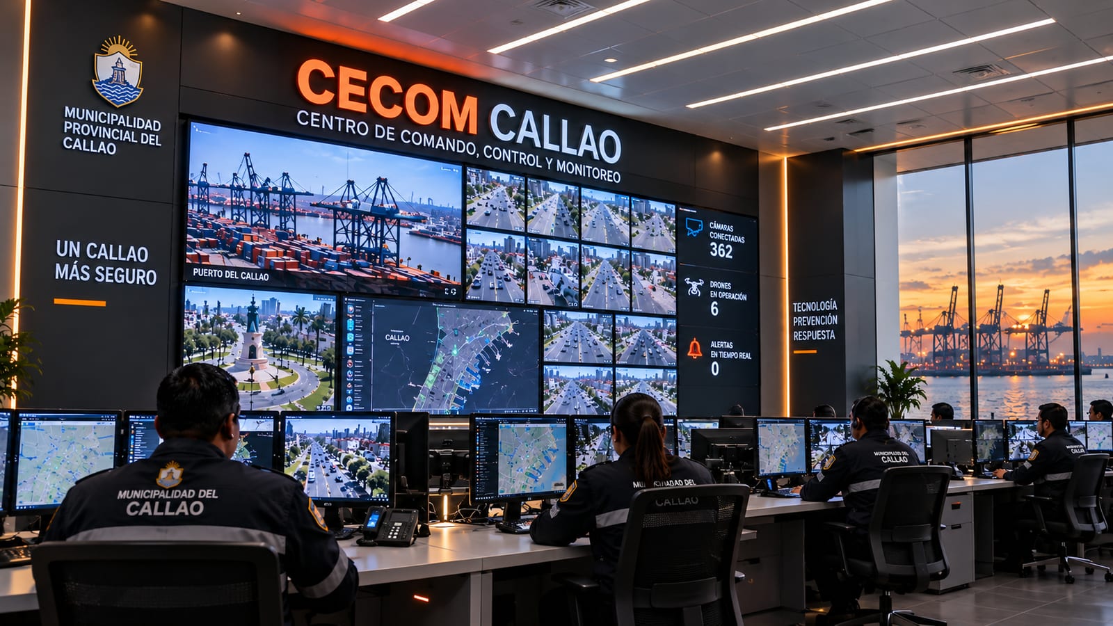 Visualización de una sala de comando y monitoreo con videowall de cámaras del Callao y operadores de la Municipalidad.