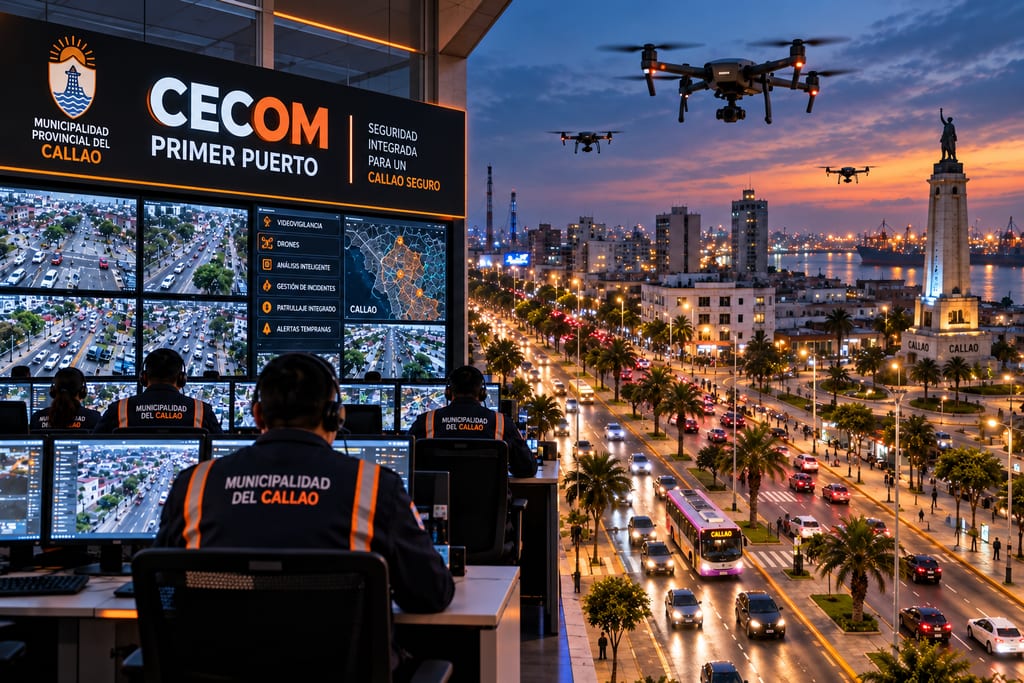 Visualización de drones sobrevolando el Callao junto a una estación de monitoreo municipal.