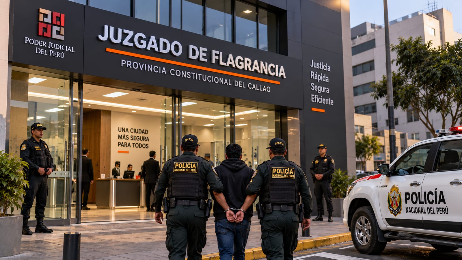 Visualización de la fachada de un juzgado de flagrancia en el Callao con presencia policial.
