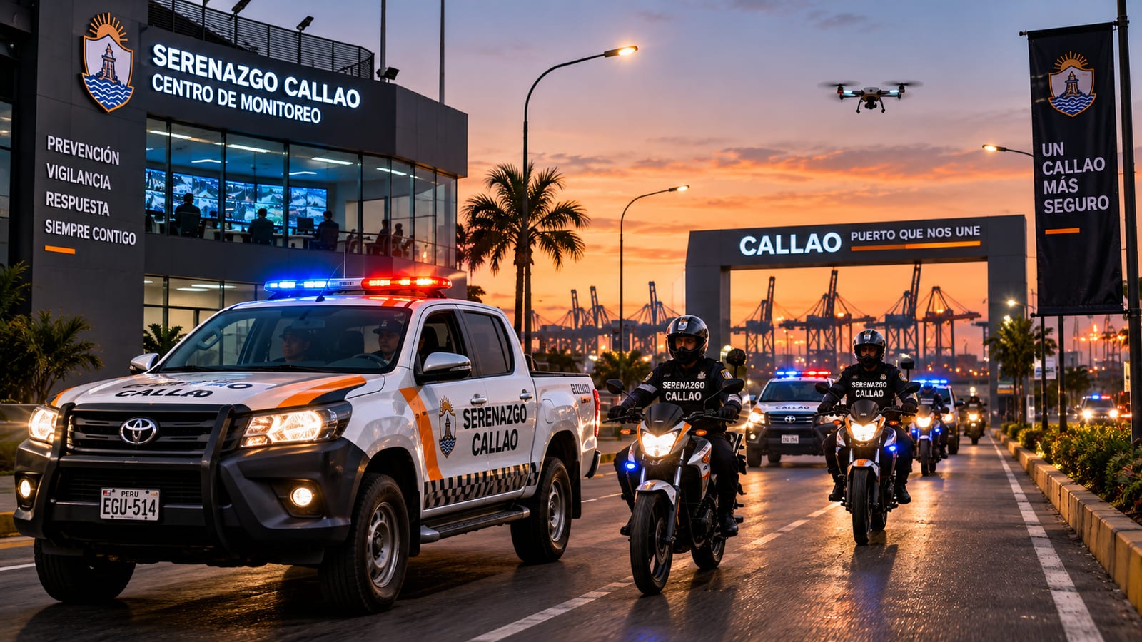 Visualización de unidades de serenazgo del Callao y motocicletas patrullando una avenida al atardecer.